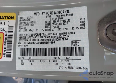 2024 Ford Bronco Sport Heritage z USA, uszkodzony, nr VIN 3FMCR9G66RRE54697